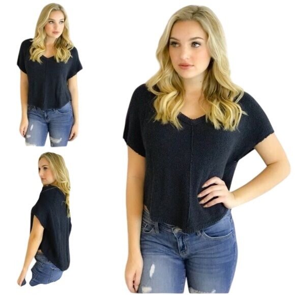 NWT Free People Charcoal Slouchy Slub Knit Short Sleeve Sweater Top - Picture 5 of 6